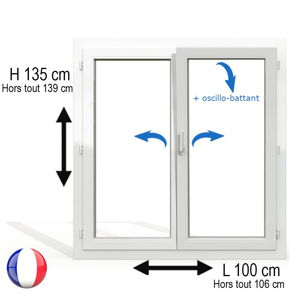 Fenêtre PVC 2 vantaux H 135 x L 100 cm OB avec poignée
