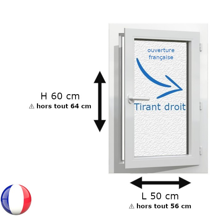 Fenêtre PVC 1 vantail H 60 x L 50 cm OF avec poignée verre brouillé