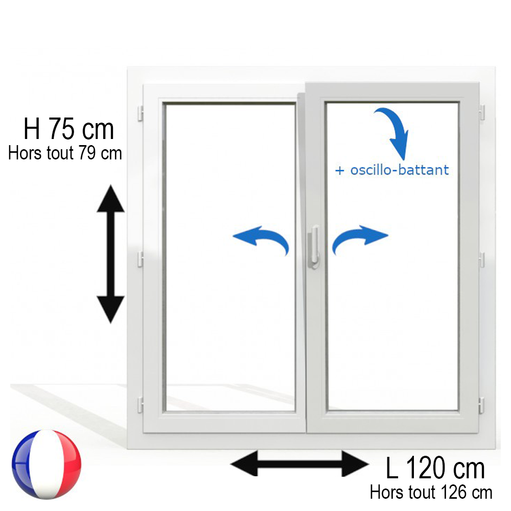 Fenêtre PVC 2 vantaux H 75 x L 120 cm OB avec poignée