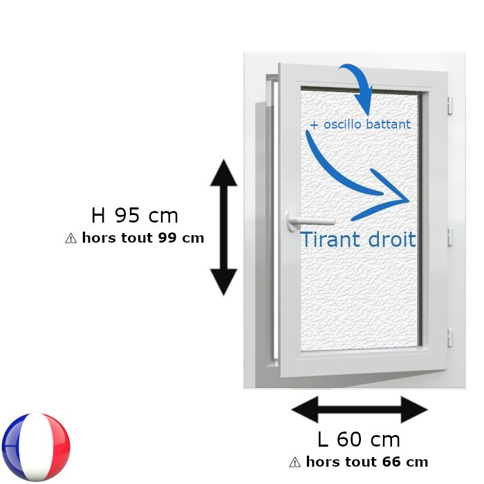 Fenêtre PVC 1 vantail H 95 x L 60 cm OB avec poignée verre brouillé