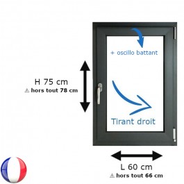 Fenêtre PVC 1 vantail H 75 x L 60 cm OB anthracite avec poignée TIRANT DROIT