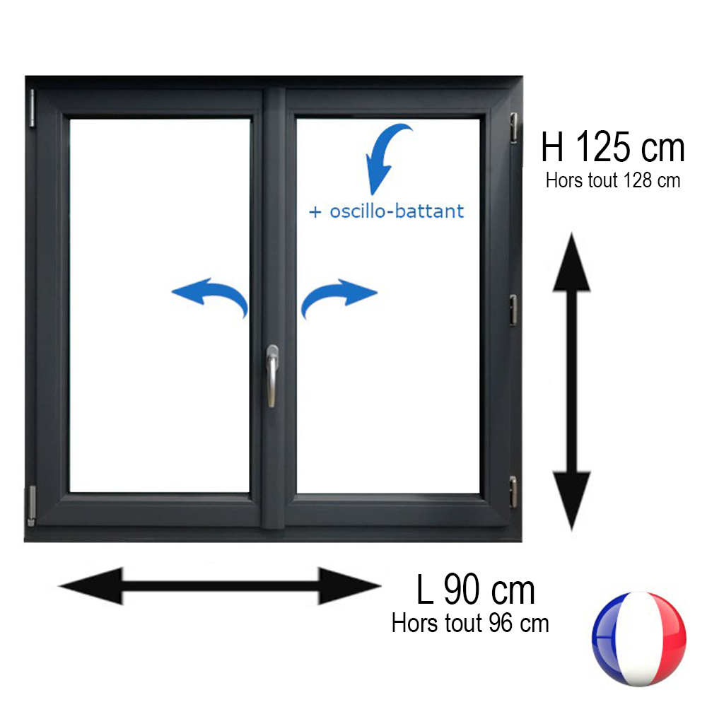 Fenêtre PVC 2 vantaux H 125 x L 90 cm OB anthracite avec poignée