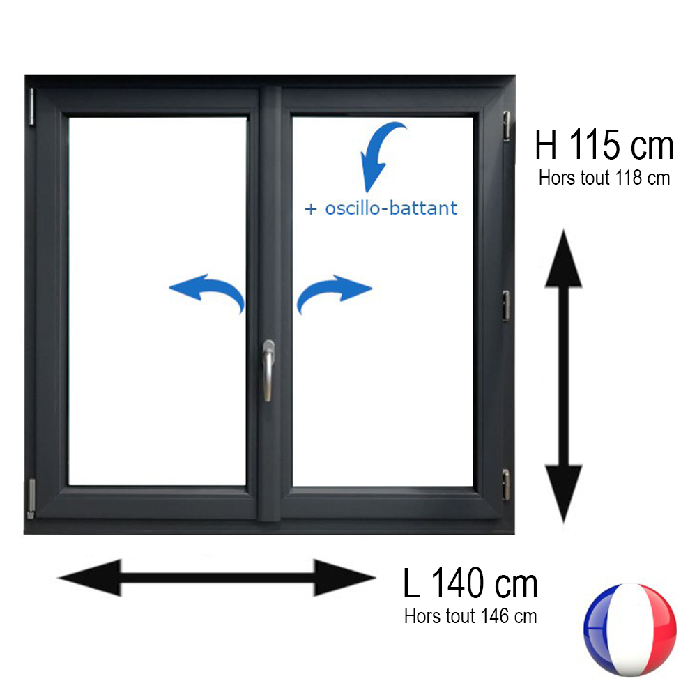 Fenêtre PVC 2 vantaux H 115 x L 140 cm OB anthracite avec poignée