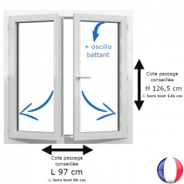 Fenêtre PVC 2 vantaux H 126 x L 96 cm hors tout OB pour pose en rénovation