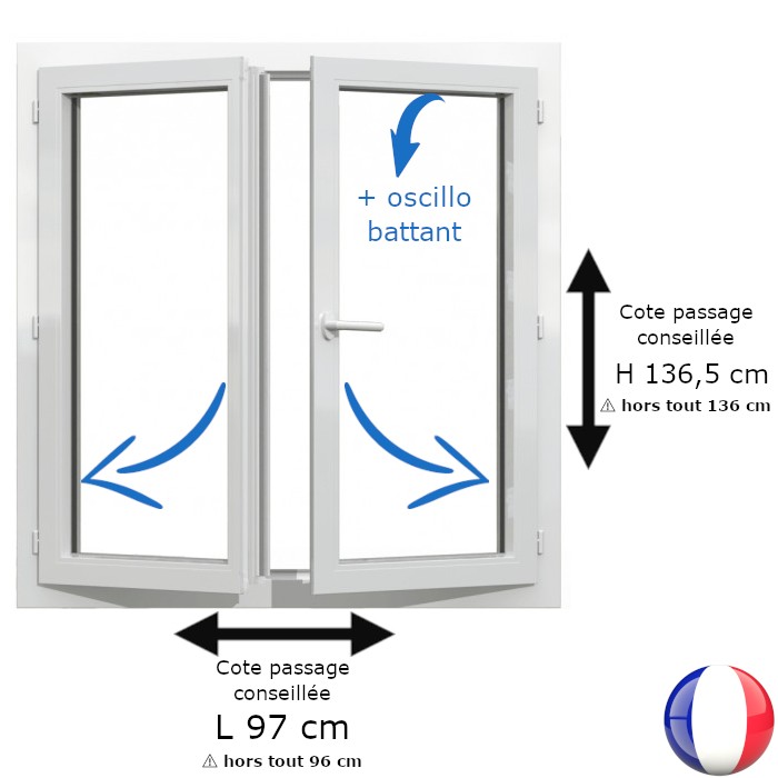 Fenêtre PVC 2 vantaux H 136 x L 96 cm hors tout OB pour pose en rénovation