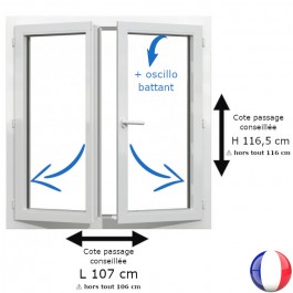 Fenêtre PVC 2 vantaux H 116 x L 106 cm hors tout OB pour pose en rénovation