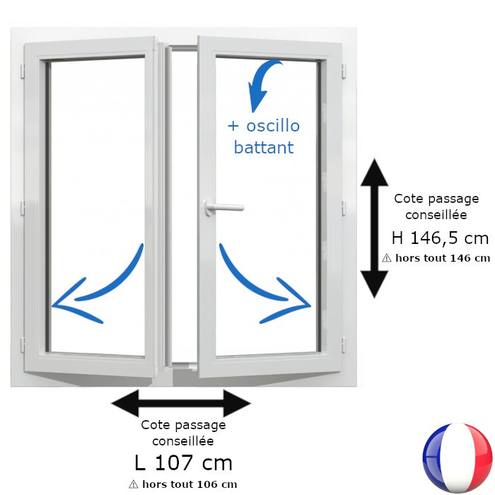 Fenêtre PVC 2 vantaux H 146 x L 106 cm hors tout OB pour pose en rénovation