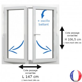 Fenêtre PVC 2 vantaux H 106 x L 146 cm hors tout OB pour pose en rénovation