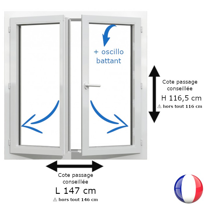 Fenêtre PVC 2 vantaux H 116 x L 146 cm hors tout OB pour pose en rénovation