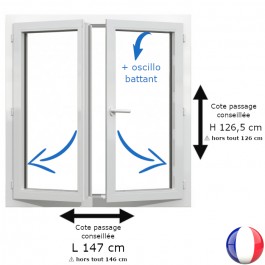 Fenêtre PVC 2 vantaux H 126 x L 146 cm hors tout OB pour pose en rénovation