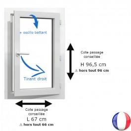 Fenêtre PVC 1 vantail H 96 x L 66 cm hors tout OB pour pose rénovation tirant droit