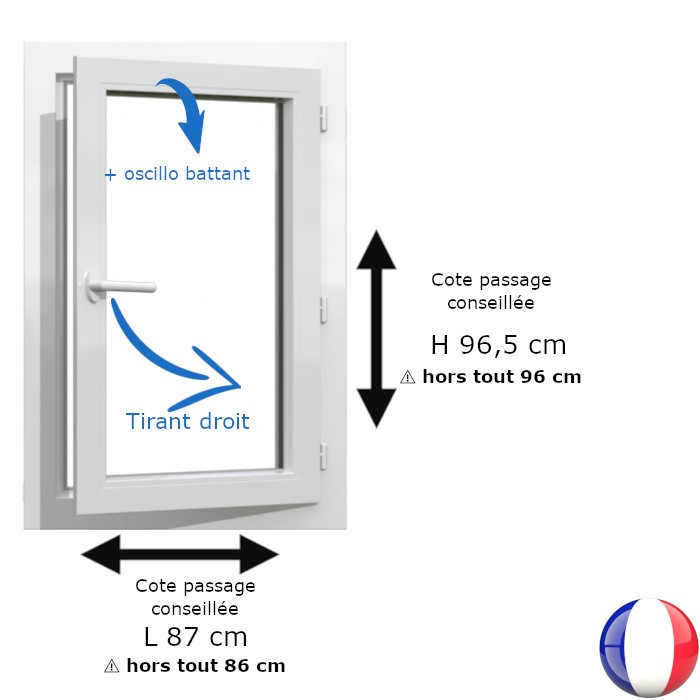 Fenêtre PVC 1 vantail H 96 x L 86 cm hors tout OB pour pose en rénovation