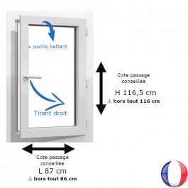 Fenêtre PVC 1 vantail H 116 x L 86 cm hors tout OB pour pose en rénovation tirant droit