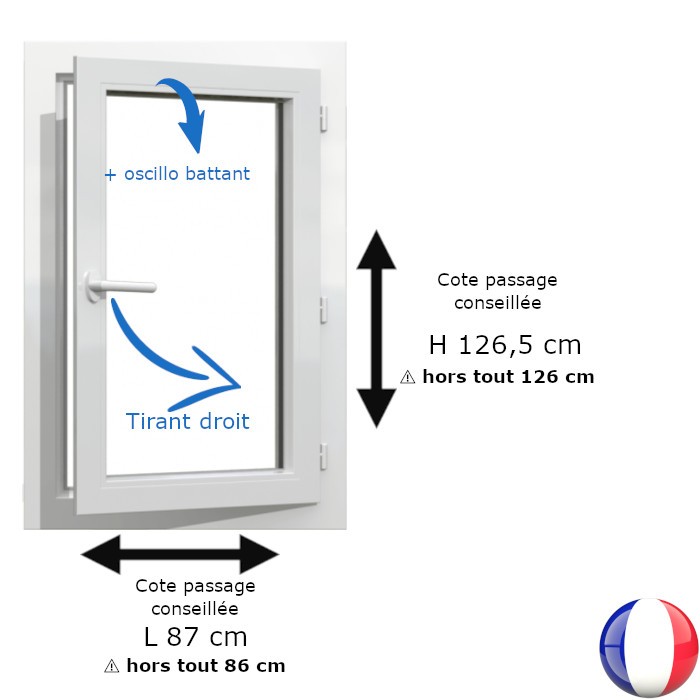 Fenêtre PVC 1 vantail H 126 x L 86 cm hors tout OB pour pose en rénovation