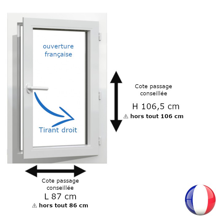 Fenêtre PVC 1 vantail H 106 x L 86 cm hors tout OF pour pose en rénovation