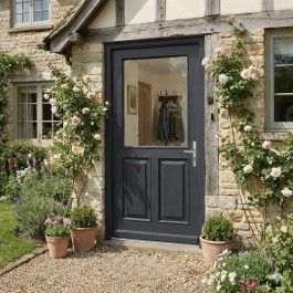 Porte d'entrée vitrée sur-mesure en bois exotique LOUISE anthracite (avec option décor 2 panneaux)