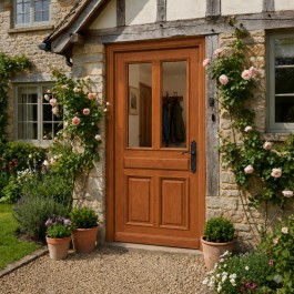 Porte d'entrée vitrée sur-mesure en bois exotique JOSEPHINE avec décor 2 soubassements