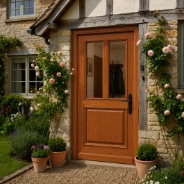 Porte d'entrée vitrée sur-mesure en bois exotique JOSEPHINE avec décor 1 soubassement